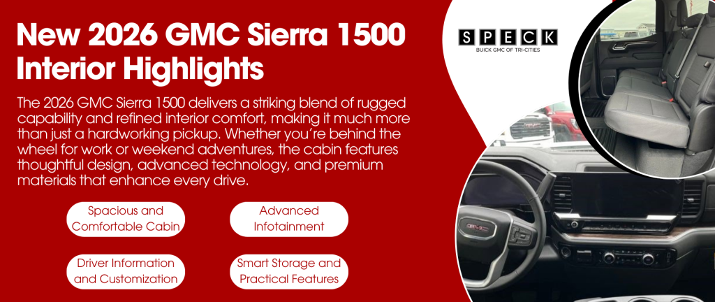 Informative graphic showing the 2026 GMC Sierra 1500 Interior Highlights