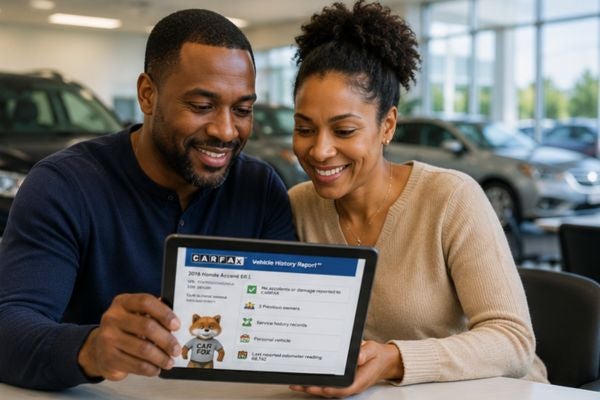 couple looking at carfax vehicle history report