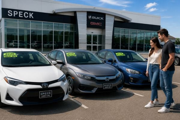 couple shopping used sedans